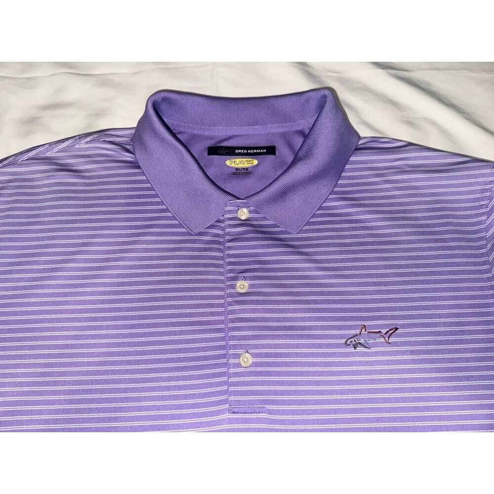 Mens Greg Norman Play Polo Golf Shirt Purple Stripe In Size XL Excellent Shape